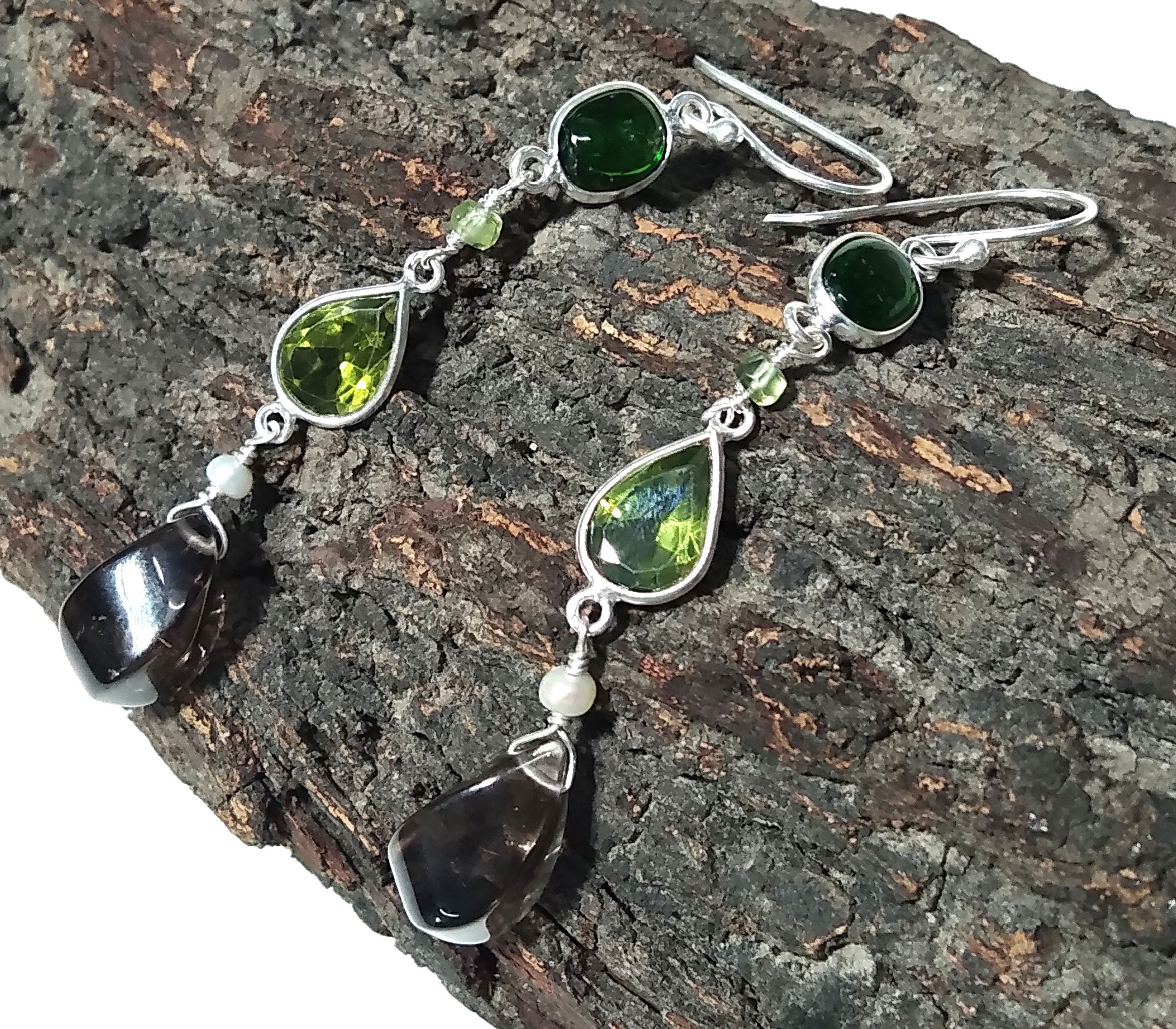 Natural Green Tourmaline/Peridot And Smoky Quartz Stone Earring, 925 Starling Silver Earring Handmade Making Jewelry Earring, Gift For Women
